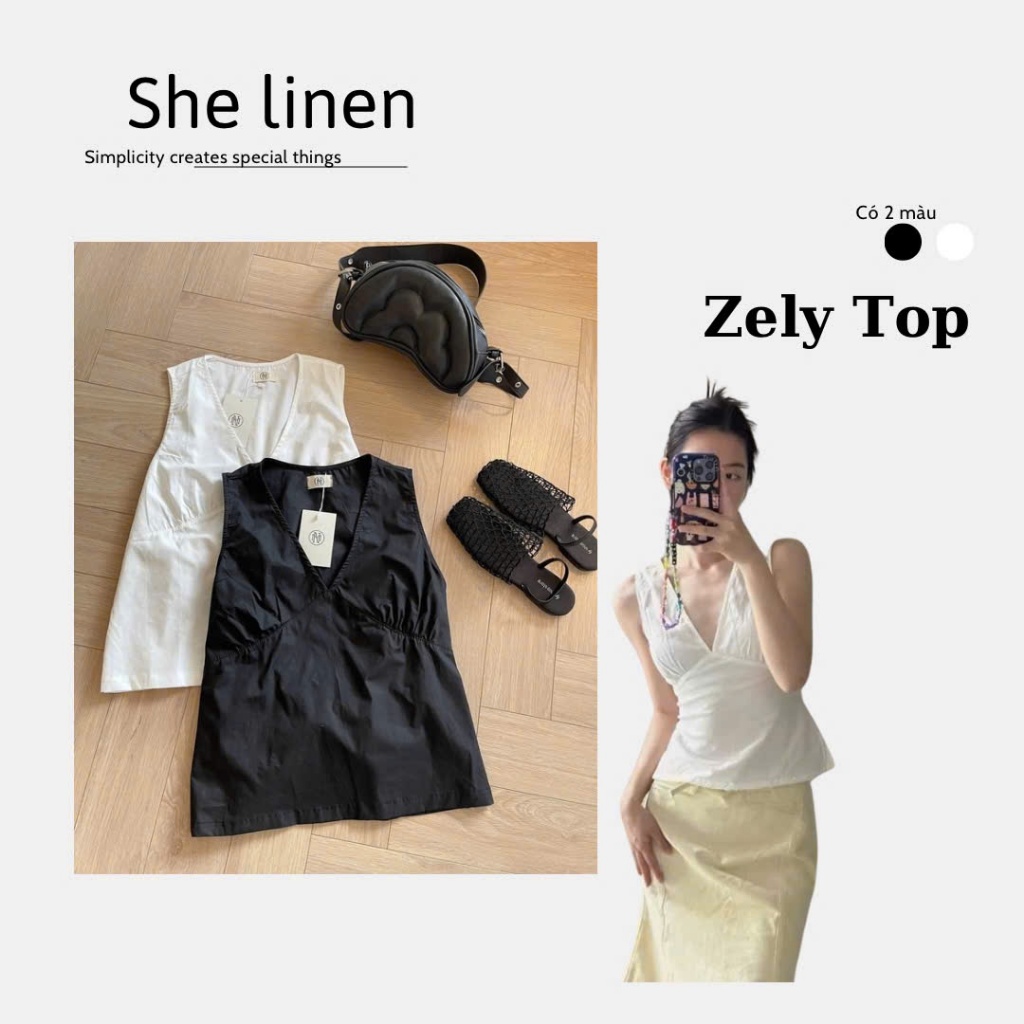 ZELY TOP- เสื้อกล้ามคอวีลินิน She, เสื้อกล้ามสีขาวคอวีลินิน