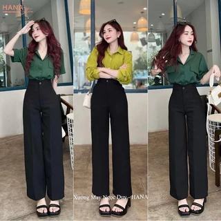 (HOT BLACK+DARK BLUE)กางเกงขากว้างเอวสูงสําหรับผู้หญิงสําหรับโรงเรียน A604 เที่ยวทะเล ทรงยาว กางเกงขากว้างผู้หญิงเอวสูง กระดุม 1 เม็ด