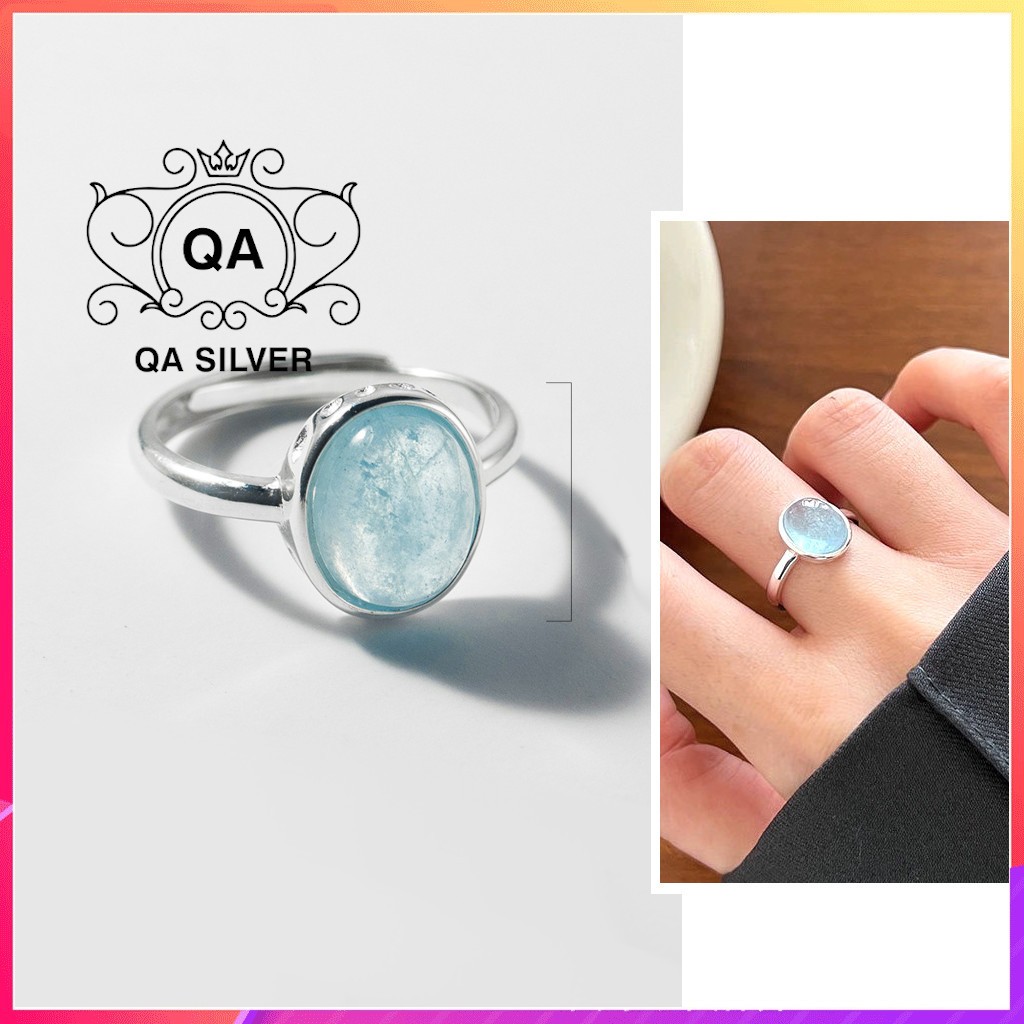 แหวนเงิน 925 หินสีน้ําเงินรูปไข่สําหรับผู้หญิงที่มีมหาสมุทร S925 AQUA QA SILVER Ring RI240403