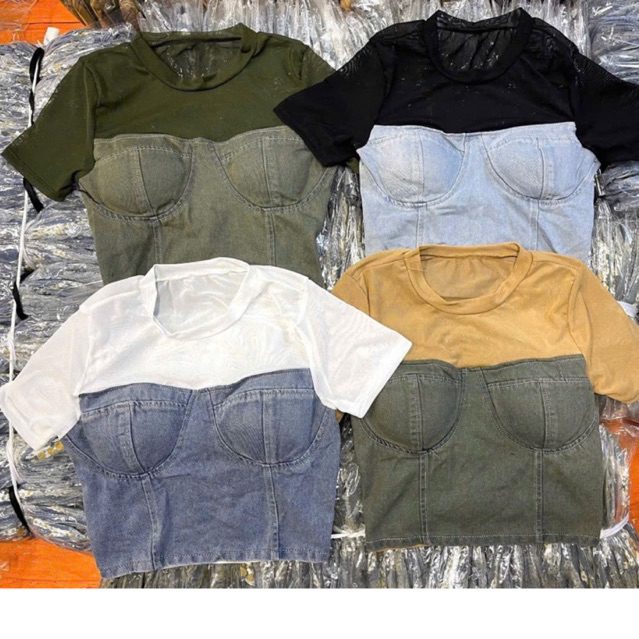 เสื้อยืดตาข่ายพร้อมกางเกงยีนส์ 1y เสื้อตาข่ายตัวยาวผูก Bao La stylized สวยๆ