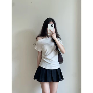 บอดี้สูทผู้หญิงผูกเอวแขนสั้น เสื้อปาดไหล่ผู้หญิงสไตล์เกาหลี โกลาน่า โทรทัศน์01 (มีไซส์ใหญ่)