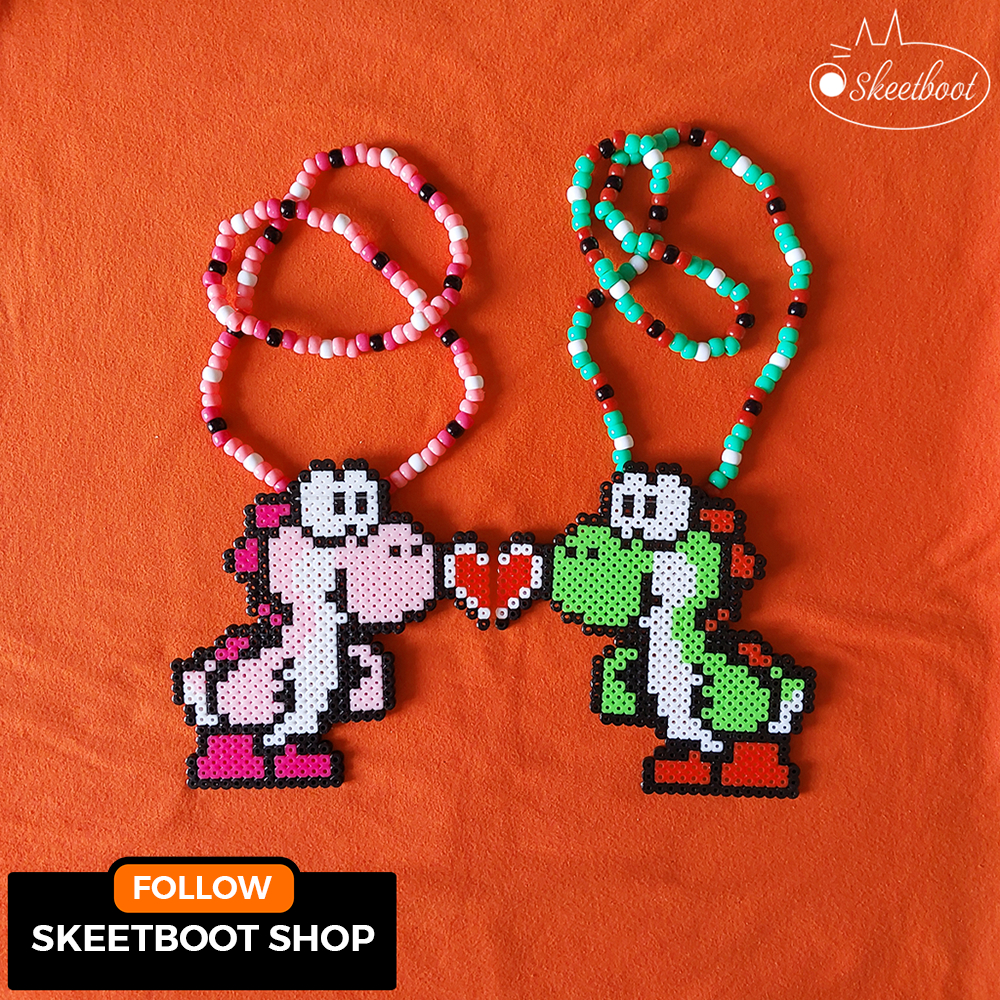 สร้อยคอ Kandi คู่ไดโนเสาร์หัวใจ - สร้อยคอ perler - rave edm อุปกรณ์เทศกาลดนตรี