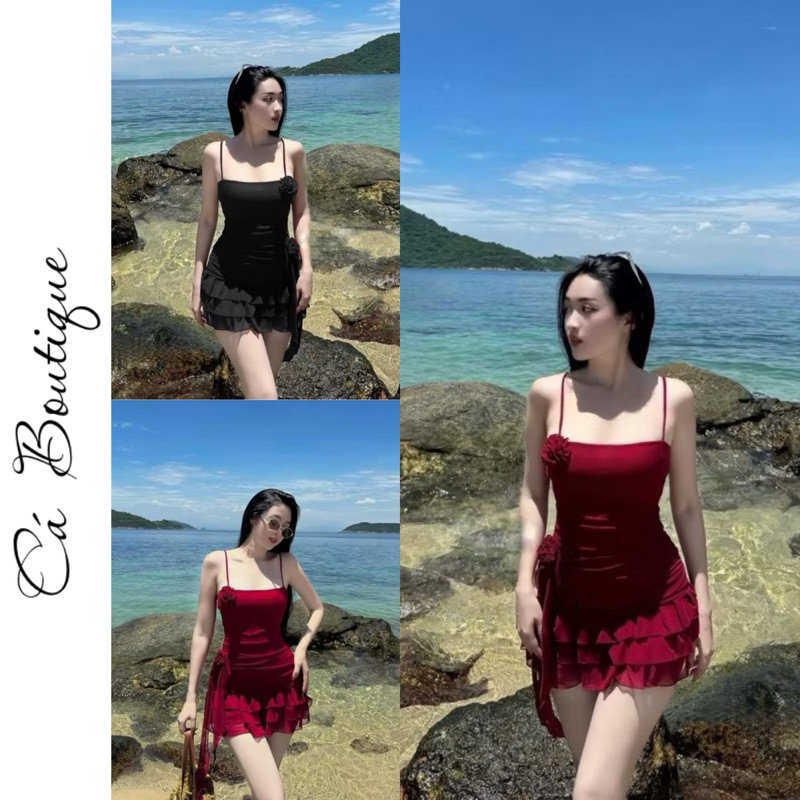 Ladong ชุดเดรสบอดี้คอนพร้อมสายรัดกุหลาบ 2 ตัว และระบายส สวยสุดๆ แฟลต พร้อมดูดหน้าอก / Ca Boutique