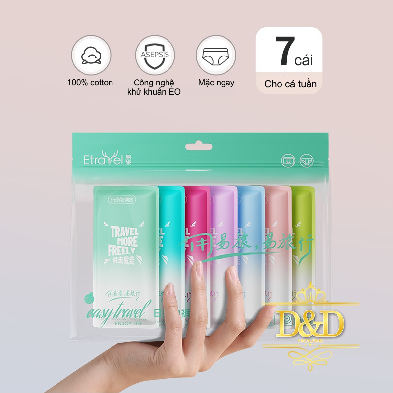 คอมโบกางเกงในใส่เที่ยวผ้าฝ้ายผู้หญิง ETRAVEL แบบใช้แล้วทิ้ง 7 ชิ้นหลายสี