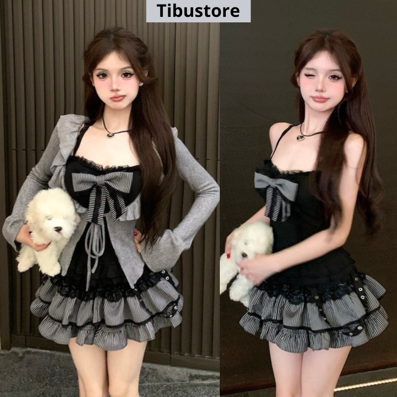 ชุด เดรสทูโทนมีโบว์ (ไร้สาย) หางบานและชายลายพร้อมคาร์ดิแกนแขนบาน TIBU ชุดชุดสตรีเก๋ S52