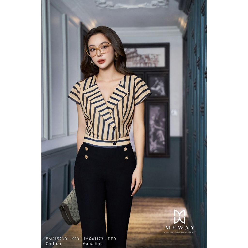 MY WAY เสื้อเชิ้ตผู้หญิงคอปกลายสก๊อตหรูหราและชายเสื้อ 5MA15200W