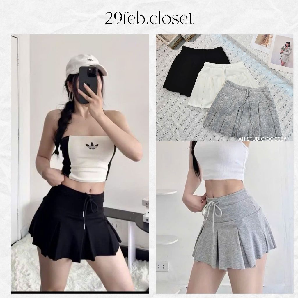 กระโปรงจีบสั้นเอวสูงของผู้หญิงพร้อมสายรัดเอวคงที่กระโปรงจีบสั้นผู้หญิงอินเทรนด์ - 29feb.closet - CV6