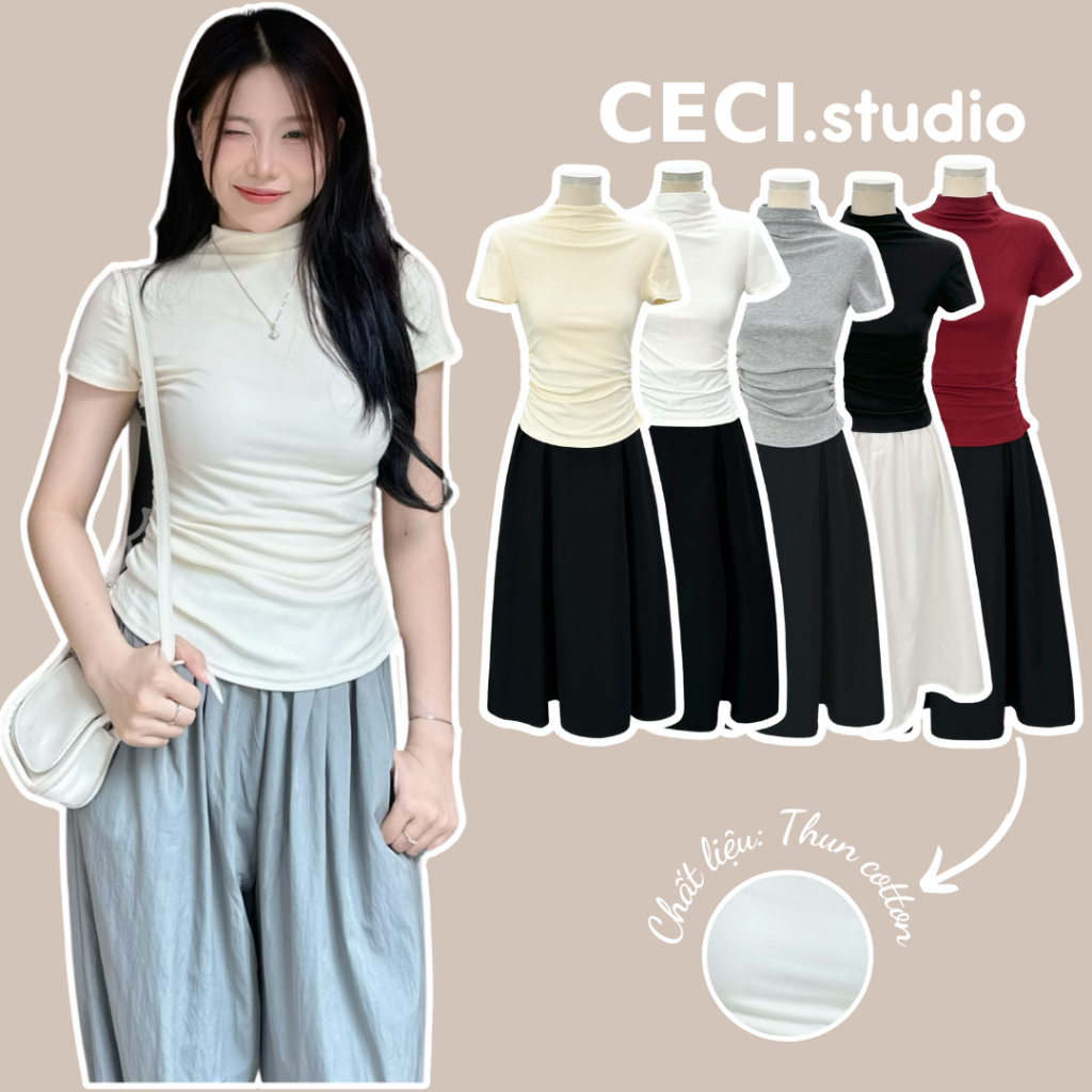 เสื้อยืดแขนสั้น Bozip พร้อมคอปก Feminine Shrug เสื้อยืดธรรมดาสั้นผู้หญิงเกาหลีขั้นพื้นฐาน -CEI.studi