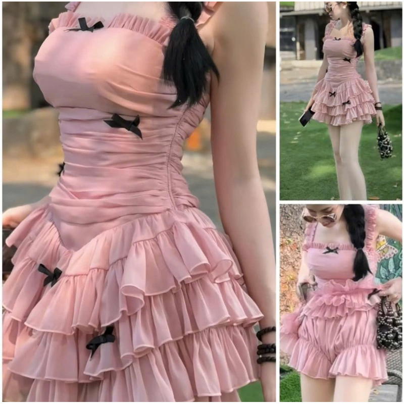 BECHIC Swing DRESS SHORT Ruffled DRESS with Bow Ruffled Layered Swing DRESS METALLIC SILK PLAY DRESS