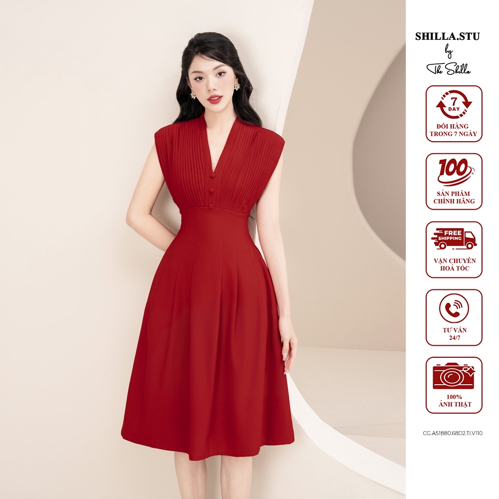 เดรสดีไซเนอร์สีแดงจับจีบหน้าอกและคอกลมหรูหรา [รูปถ่ายจริง] The Shilla-CG.A51B80.68D2