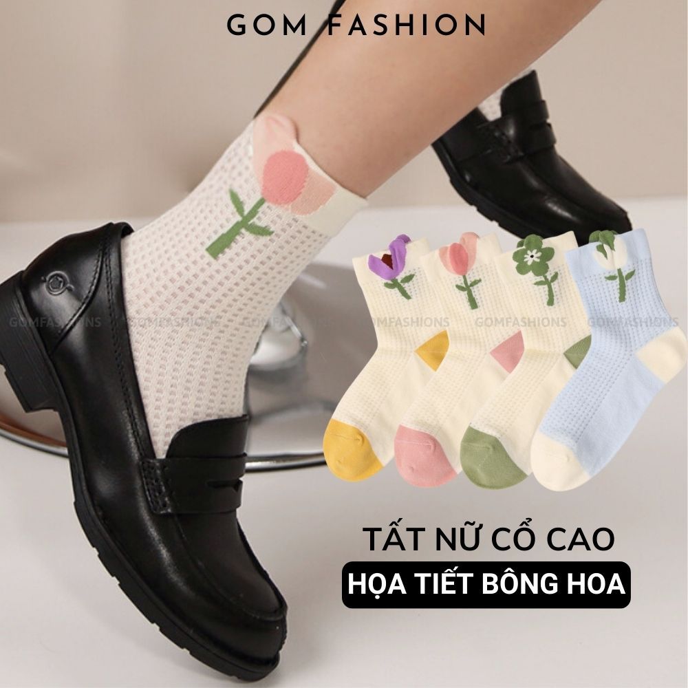 GOMTAT ถุงเท้าคอเต่าผู้หญิงลายดอกไม้น่ารัก ถุงเท้าข้อสูงผ้าฝ้ายนุ่ม -CAOHOA-ZHU-6002-1DOI