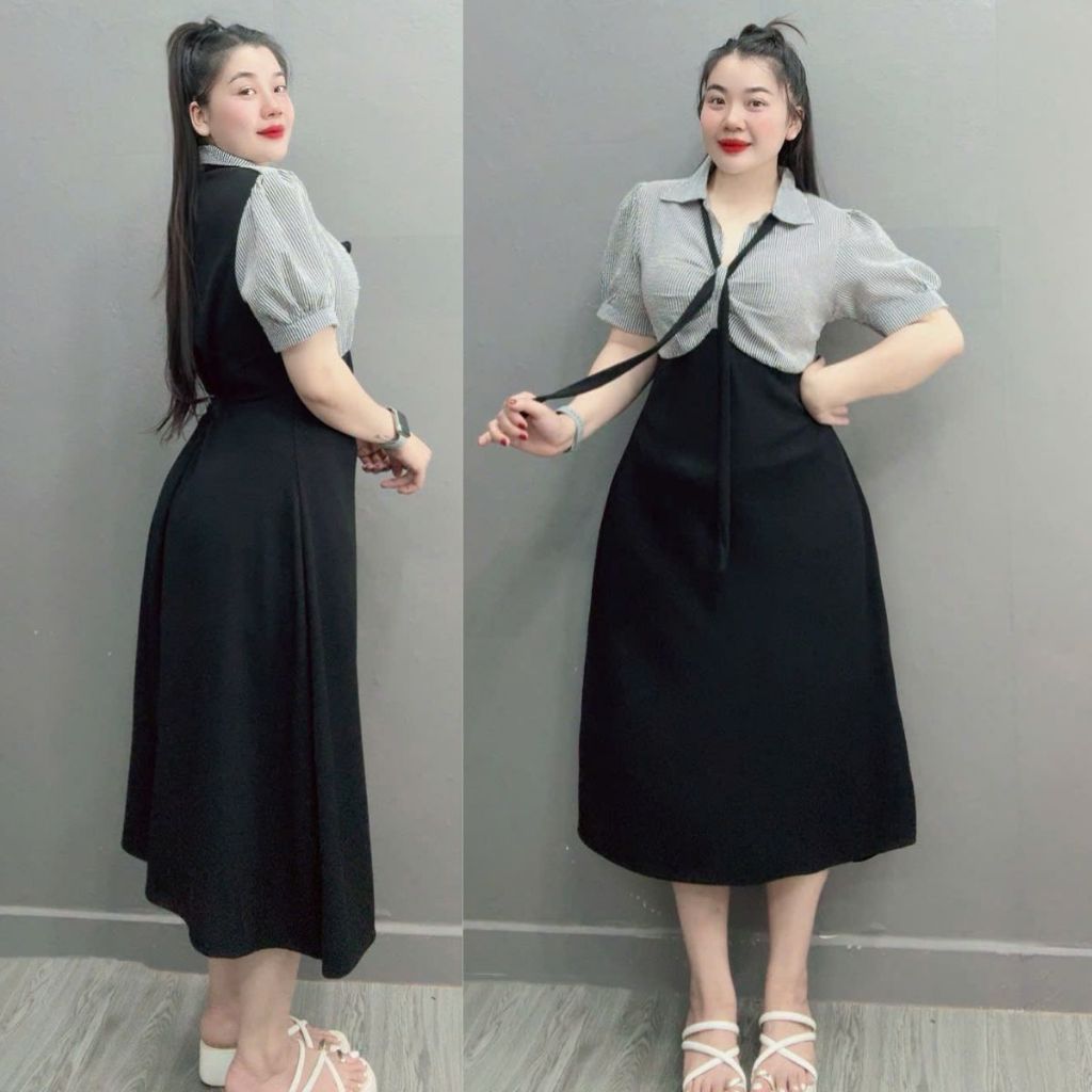 ชุดเดรสดีไซน์ไซส์ใหญ่สําหรับผู้หญิงคอปกเชิ้ตลายทางและเอวยางยืดแฟชั่นเรียบหรู 60-95กก. - G678