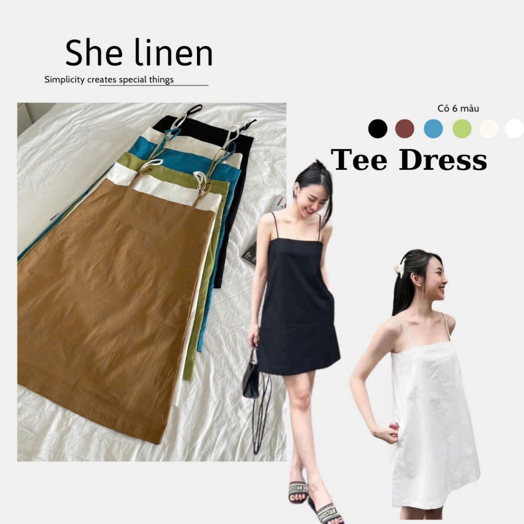 TEE DRESS- Basic Linen Two-Strap DRESS, Two-Strap Babydoll DRESS by She Linen