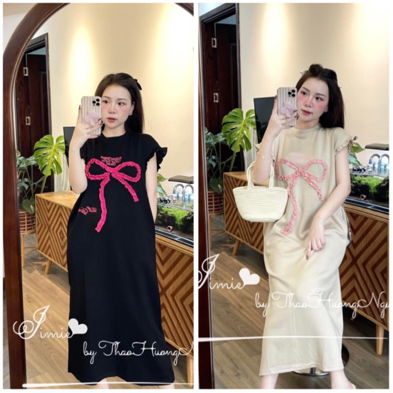 เดรสยาวทรงตรงดีไซน์โบว์และแขนระบายฟรีไซส์ผ้าฝ้ายยืดแฟชั่นสองสี