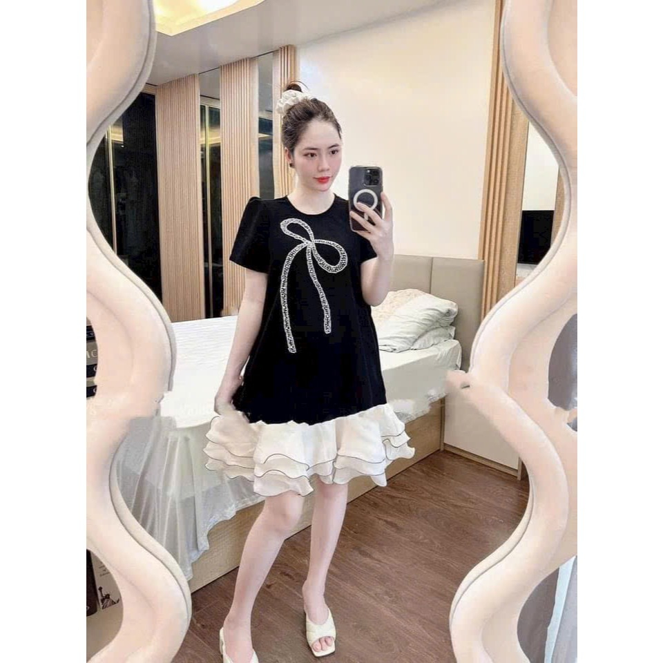 ชุดคลุมท้องสํานักงาน-ชุดคลุมท้องสีดําหรูหราโบว์ใหญ่พิมพ์ในผ้าฝ้ายและผ้าชีฟองขาบานแฟชั่น