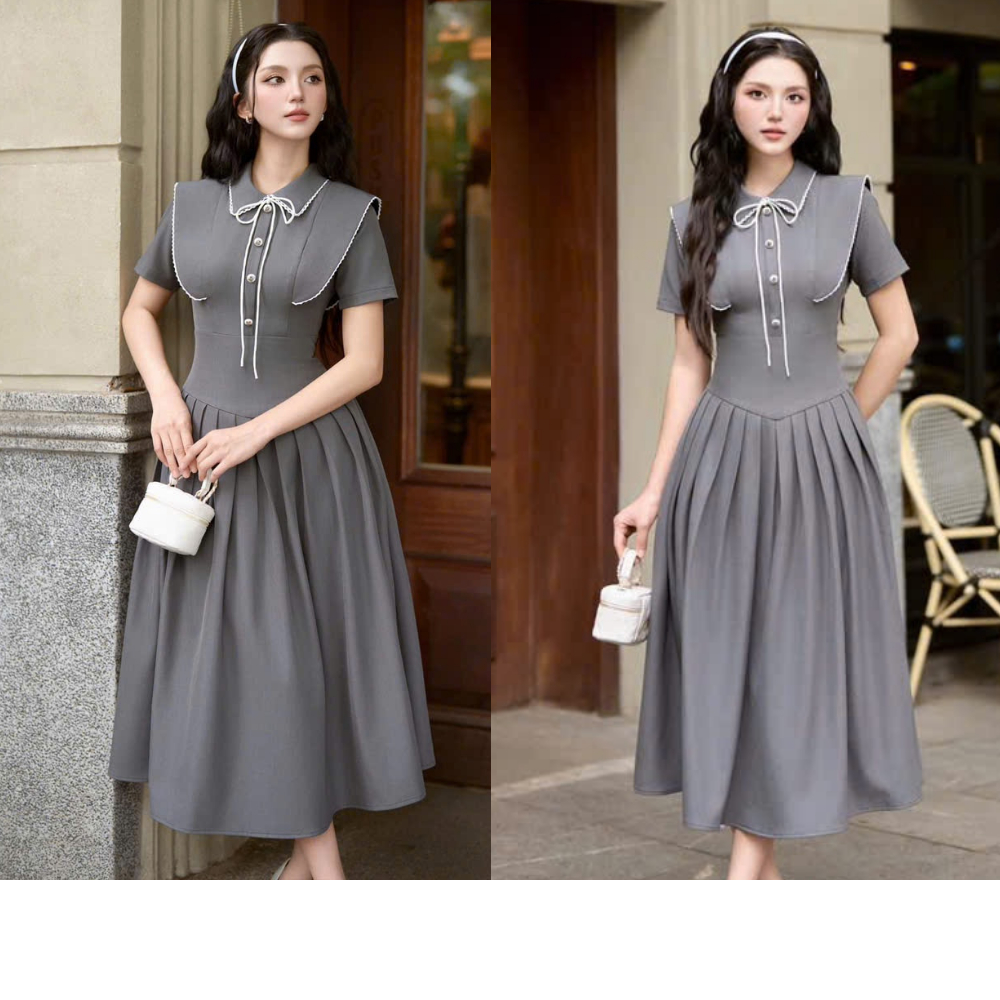 HIBEESTORE ชุดเดรสสีเทายาวคอปกเยอรมัน สวยงาม หรูหราและมีเกียรติ ชุดเดรสผ้าไขว้คุณภาพสูง VHB144