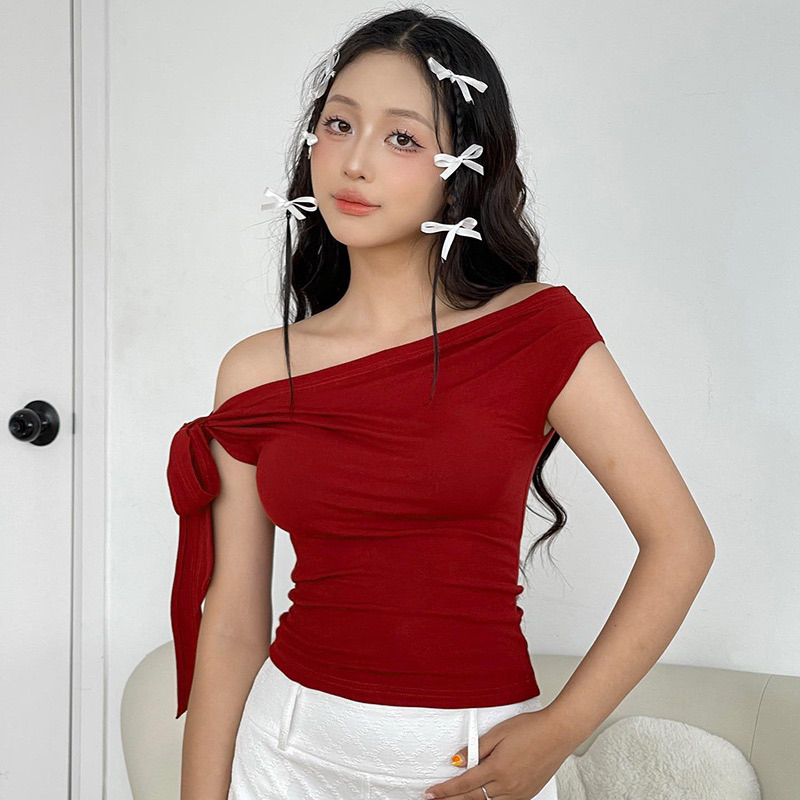 เสื้อเบลาส์เปิดไหล่ผ้ายืดสําหรับผู้หญิงสวมใส่หลายรูปแบบ