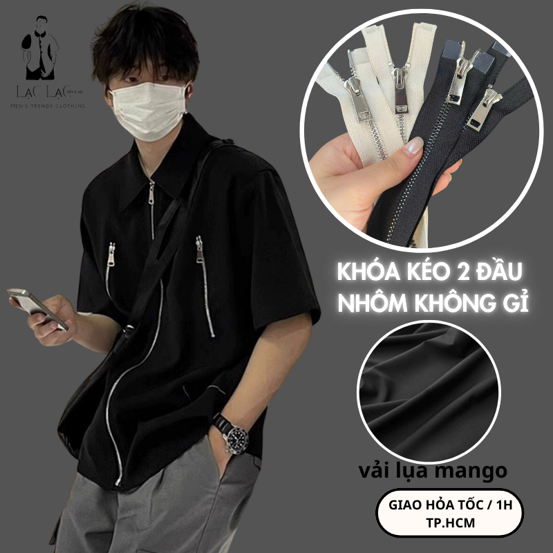 Lac LAC OFFICIAL เสื้อเชิ้ตมีซิปปลายสองชั้น เสื้อเชิ้ตผู้ชาย ผ้าไหมมะม่วงเนื้อหนา ไร้ริ้วรอย