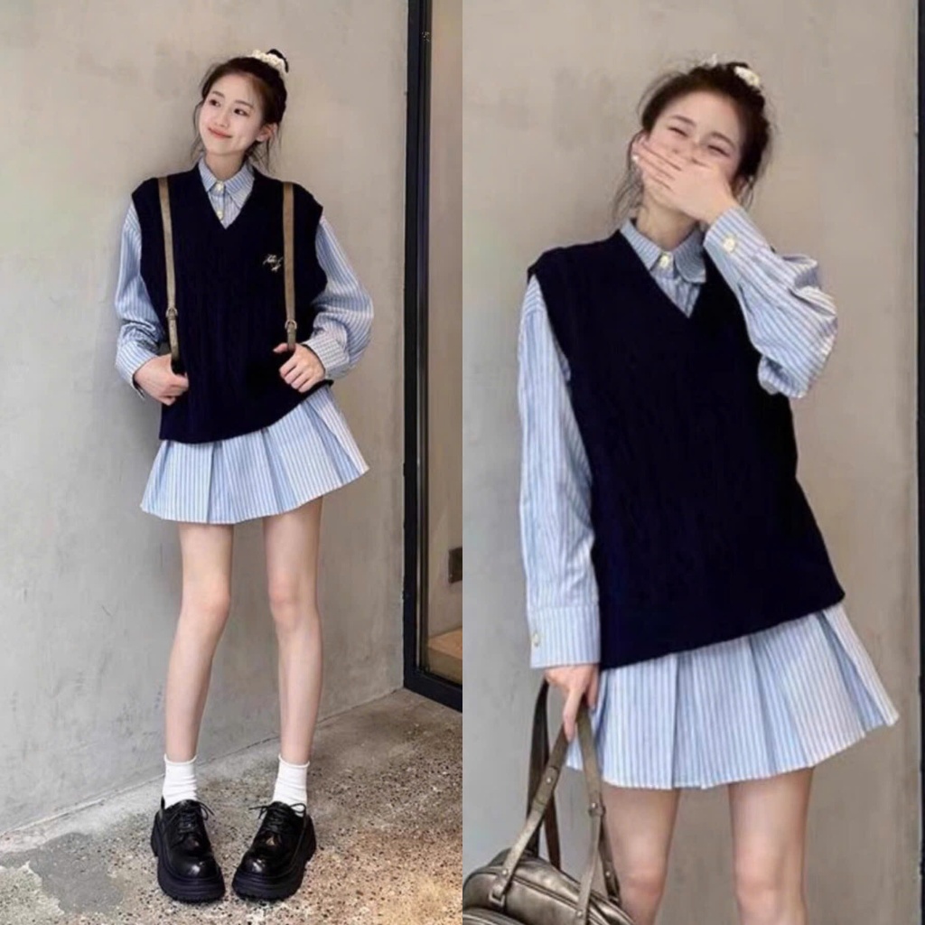 Set เดรสเชิ้ตลายสก๊อตสีน้ําเงินแขนยาวผสมนกกระจอกผ้าวูลสีเขียวถ่าน (รูปถ่ายจริงบนพื้น) Lollaye
