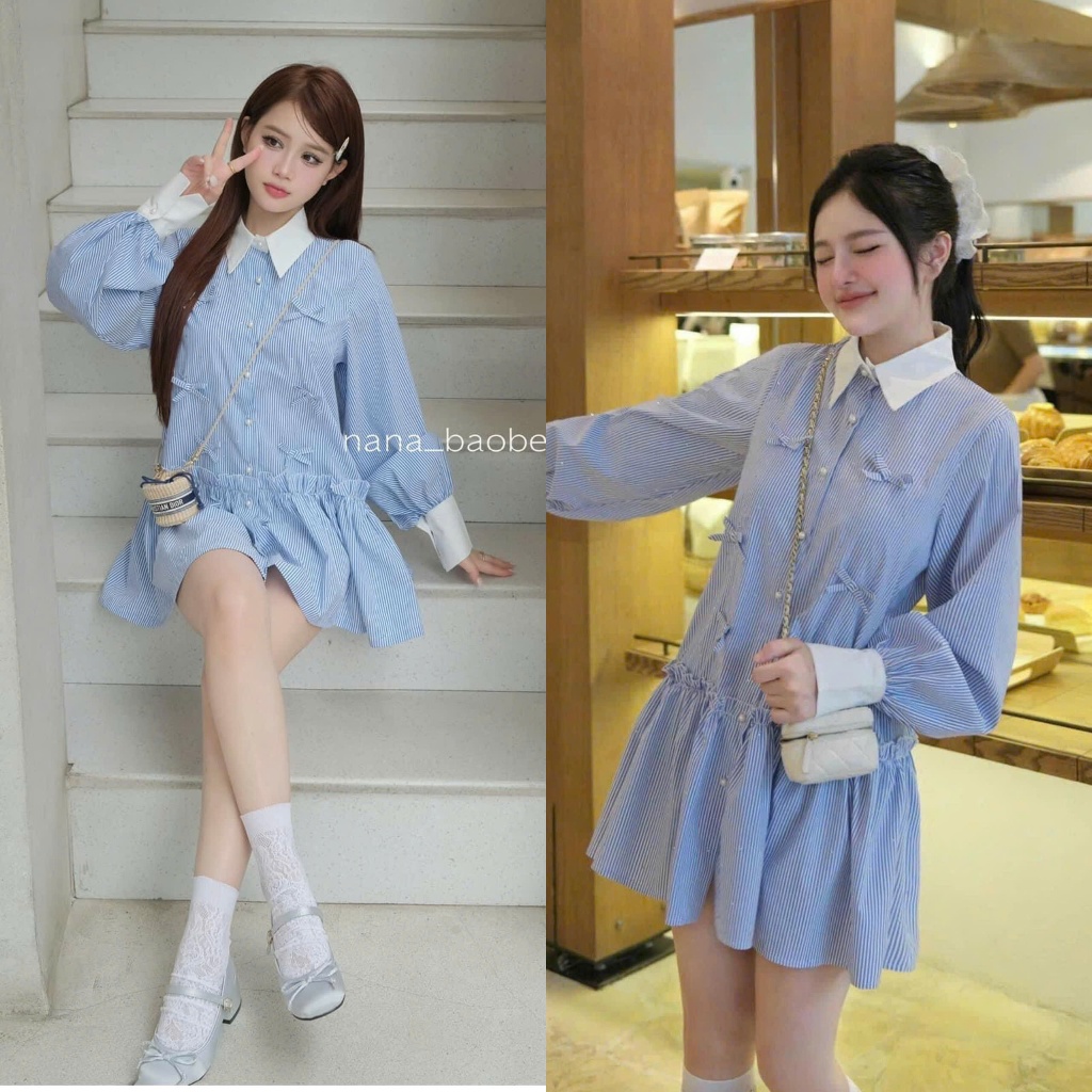 ชุดเดรสทรงตรงลายสก๊อตสีเขียวมีกระดุมโบว์และมุกพร้อมรัฟเฟิลจีบอย่างพิถีพิถัน (รูปถ่ายจริงบนพื้น) ฮ่าๆ