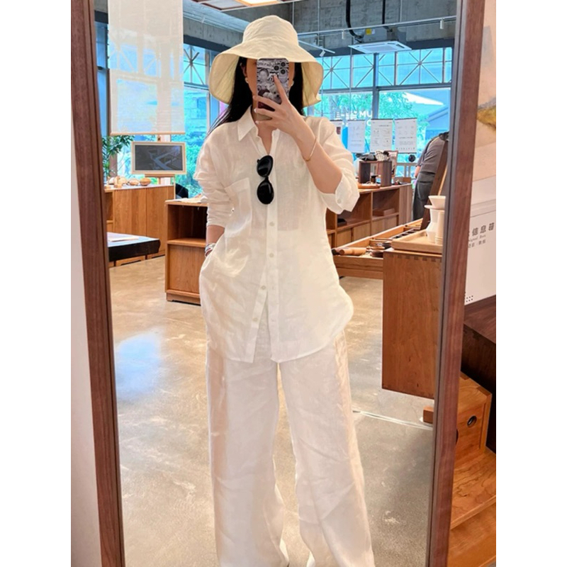 ชุดผ้าลินินสีขาวกางเกงสูง-ต้องการ WIDE-LET PANTS สไตล์ฤดูร้อนขั้นพื้นฐานสวมใส่สบายได้ SUPER BEAUTIFUL