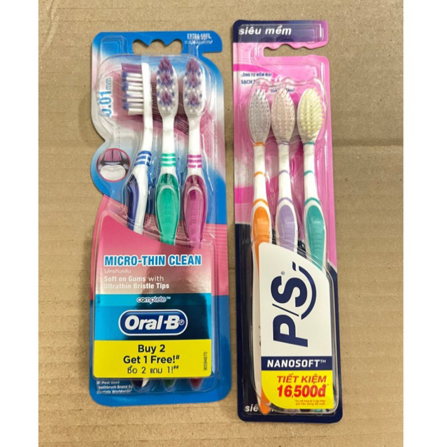 Combo แปรงสีฟันขุย p/s แพ็คตุ่ม 1 ชิ้น + แปรงสีฟัน micro oral b นุ่มพิเศษ 1 แพ็ค