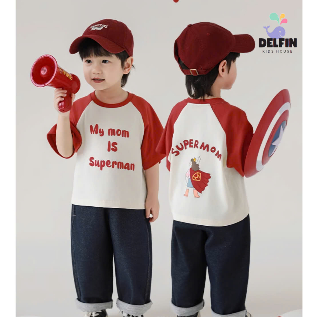 Ragan เสื้อยืดแขนสั้นเด็กชายพิมพ์ลาย 2 ด้าน supper mom Delfinkids เสื้อยืดเด็กผ้าฝ้าย 4c คุณภาพสูงจา