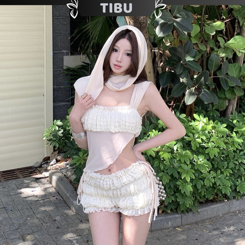 สีขาวเอียงโครเชต์ด้านบนชุดกับกางเกงพอง ทิบู ชุดเก๋สีขาวสองชิ้นชุดสตรีสําหรับไปเที่ยวทะเล ข292