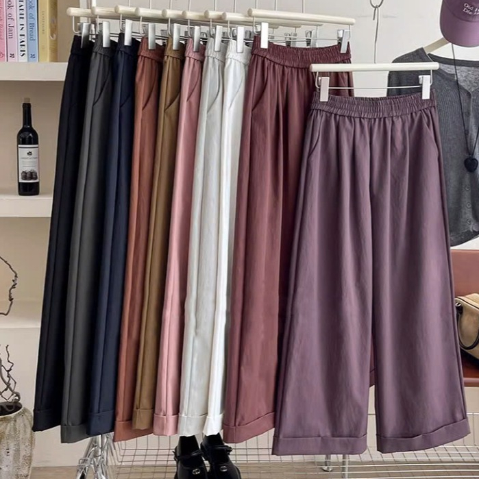 กางเกงขากว้างผู้หญิงพับเอวและ Stand-Up สีกากีความยาว 98cmFashion Sugal QUAN NU 124