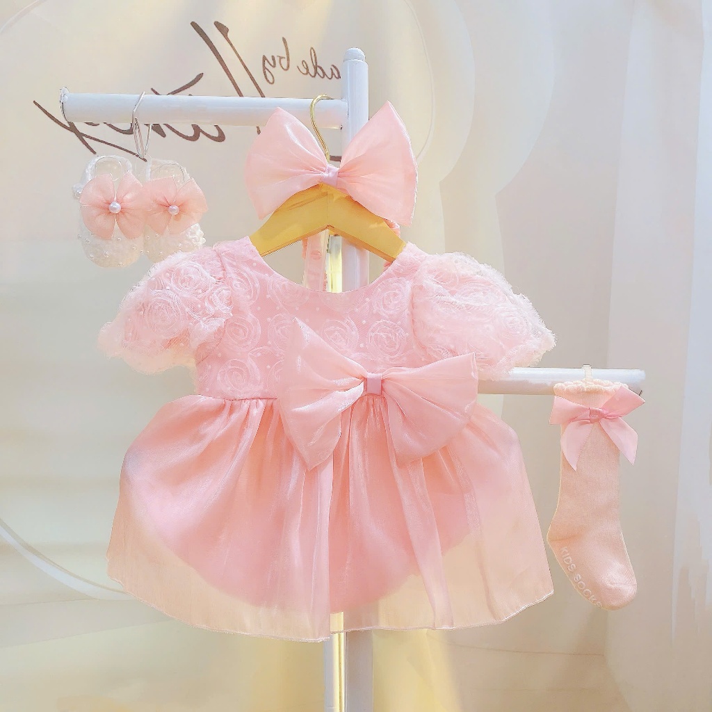 M67-PINK ชุดเจ้าหญิงดอกไม้ลายนูนสําหรับเด็กผู้หญิงตั้งแต่ 4-11กก. Hang Kid