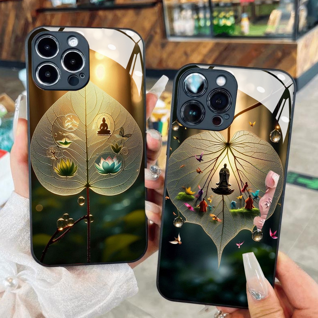 เคสกระจกใบโพธิ์อย่างสงบสําหรับiPhone 16 15 14 13 12 11 X XS MAX 7P 8P SE 2020 6P 5/เคสโทรศัพท์สําหรั