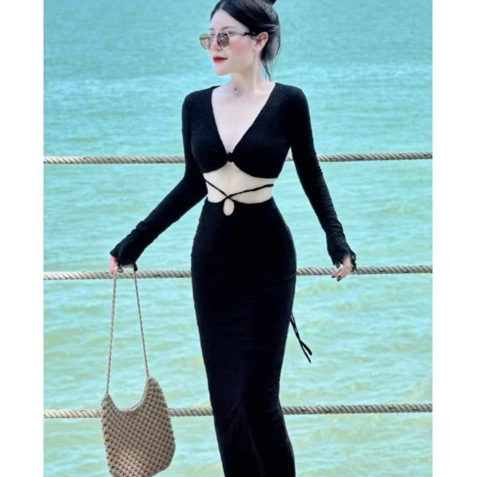 เดรสแฟชั่นสตรีชุดชายหาดหรูหราแขนยาวลูกไม้บิดด้านบนกับกระโปรงหางปลาคลื่นแม็กซี่ตัวยาวสไตล์