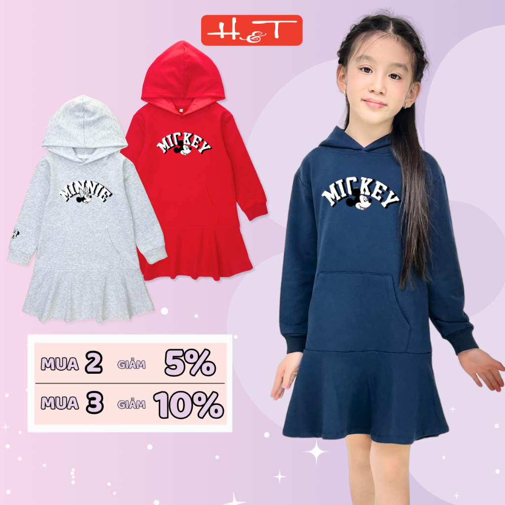 Minnie, Mickey H&T เดรสมีฮู้ด, ชุดเดรสหางปลาสักหลาดหนังปลา 4 ทิศทางสําหรับเด็กผู้หญิงอายุ 4-14 ปี-DT