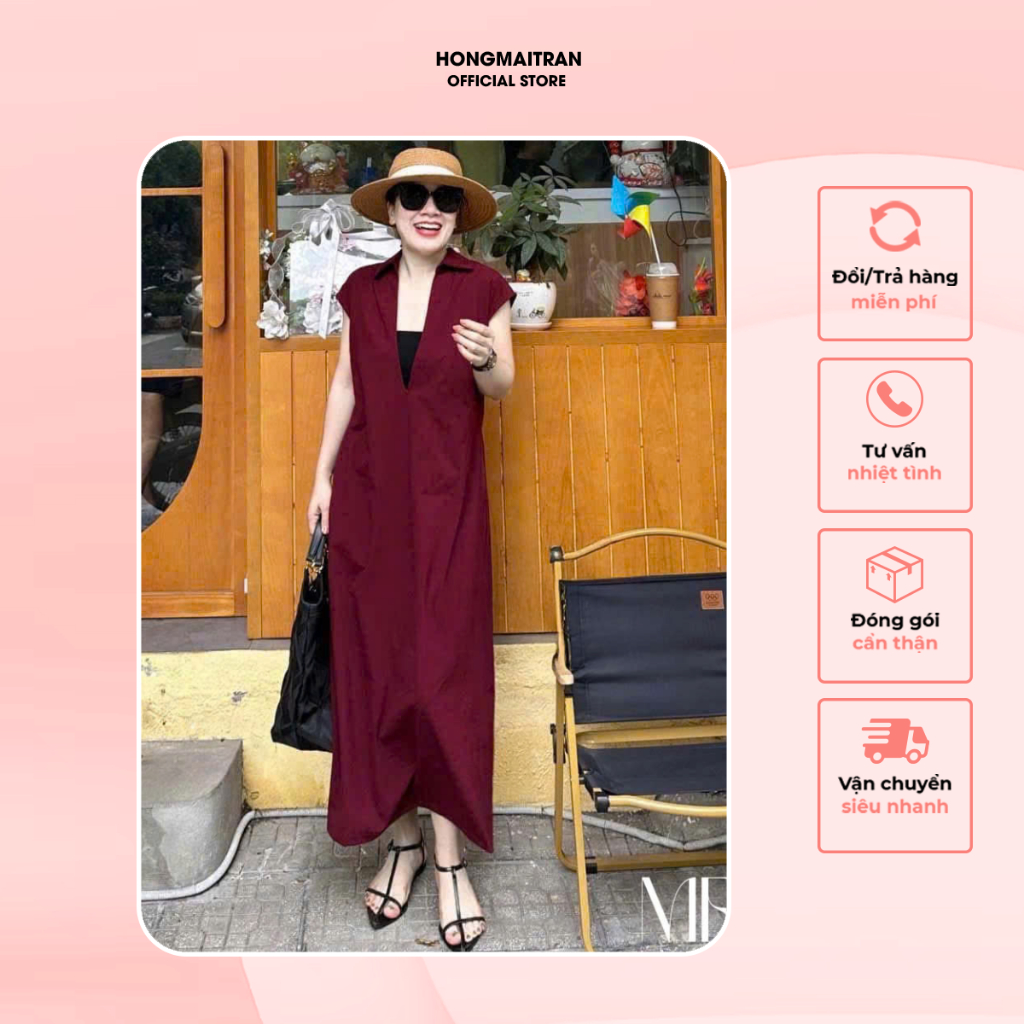เดรสยาวกันแดดสีแดงสําหรับคุณแม่ Hong Mai Tran Store V17205