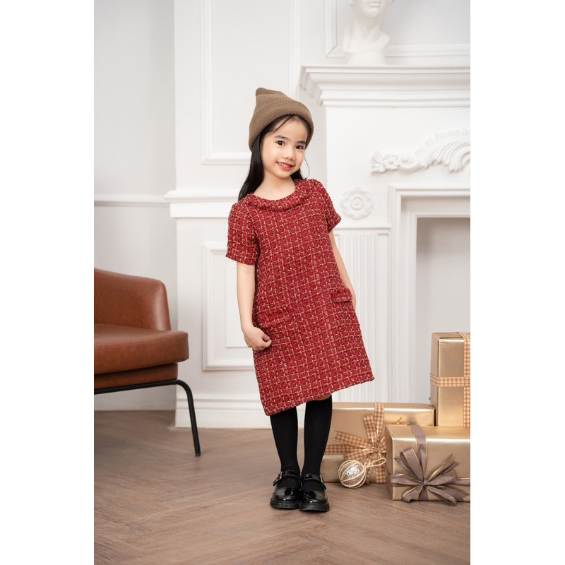 LEAH ชุดเดรสเด็กผู้หญิงผ้าทวีตที่ออกแบบด้วยรูปทรงหลวมแขนกุดคุณภาพสูงสําหรับ3,4,5,6,7,8,9,10 ปี-ชุดเด