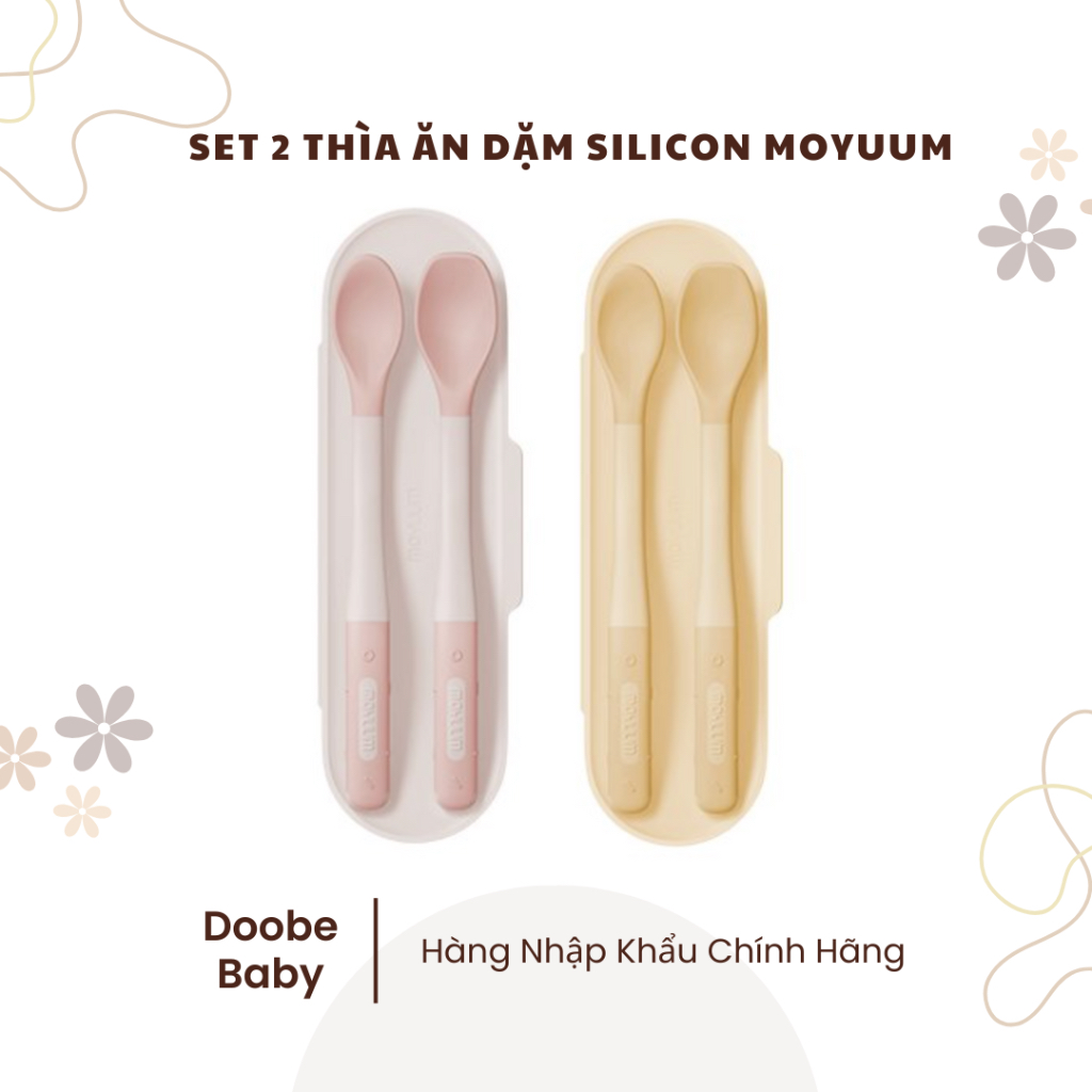 ชุดช้อนเด็กซิลิโคน Moyuum - 2 ระดับ - 4m+ - ดอกสีชมพู, ฮันนี่เยลโล่