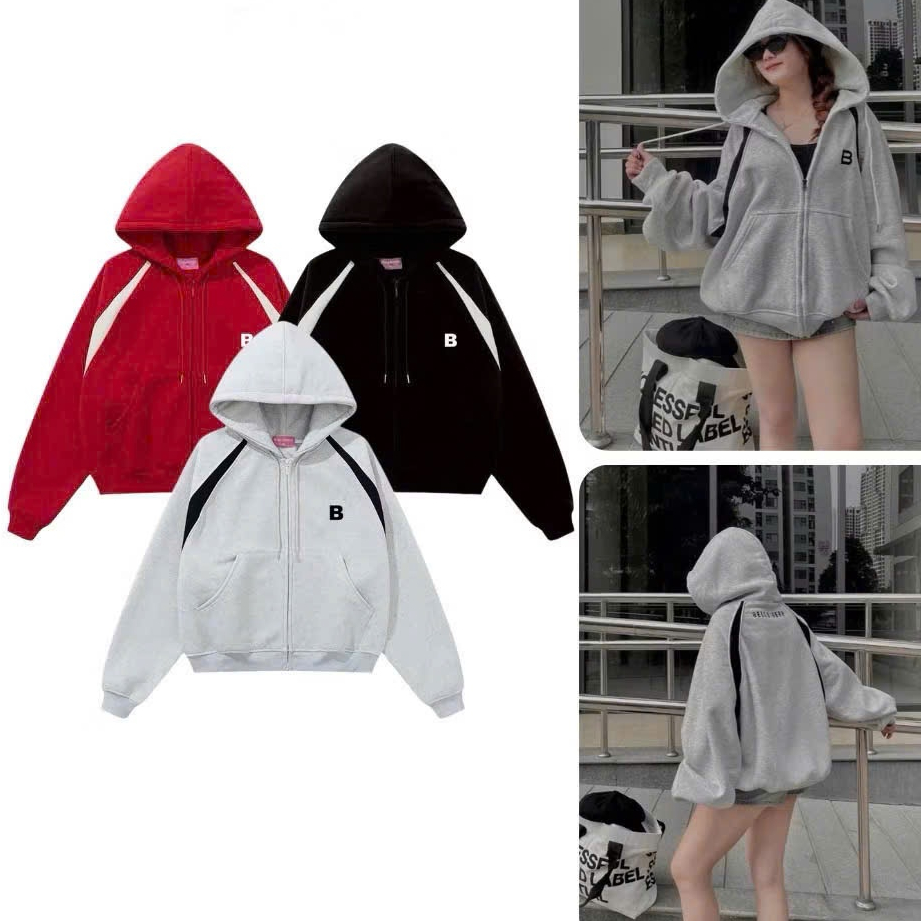 ผู้ชายและผู้หญิงหลวมปัก B-Line Boxy Zip Hoodie, Multi-Color 2 ชั้นหมวก Zip Hoodie