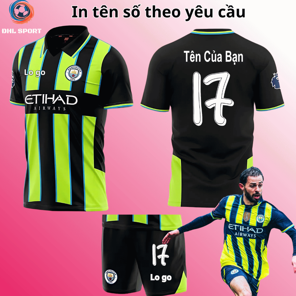(ผ้ายืดหยุ่น Sesame) Man city Club เสื้อฟุตบอลเยือนสีดําและสีน้ําเงิน 2024/2025 เสื้อบอลพิมพ์ชื่อและ