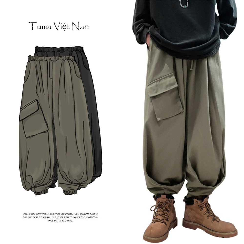 กางเกงสีกากีขากว้าง Tuma Vietnam มีกระเป๋ากล่อง กางเกงสีกากีเอวยางยืด Dancer Sport Gym Toji Menswear