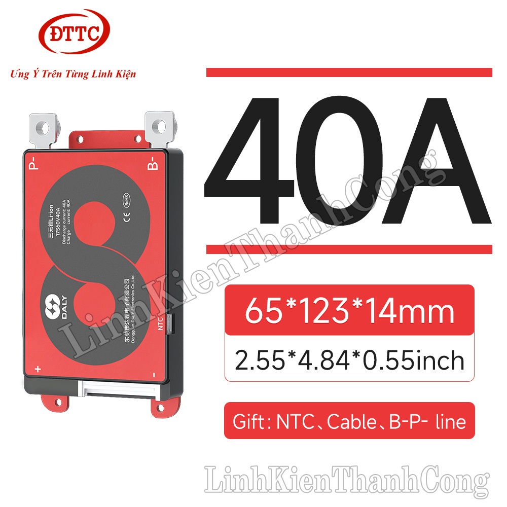 BMS DALY วงจรป้องกัน 60V 17S 3.7V 40A รุ่น K + เซ็นเซอร์ความร้อน NTC + สายไฟ 10AWG 2 เส้น