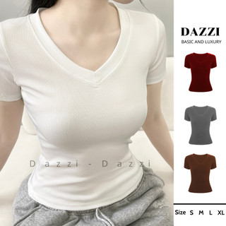Áo thun nữ cổ tim vải gân tăm DAZZI,áo thun babytee tôn dáng ôm body chiết eo co dãn 4 chiều A018
