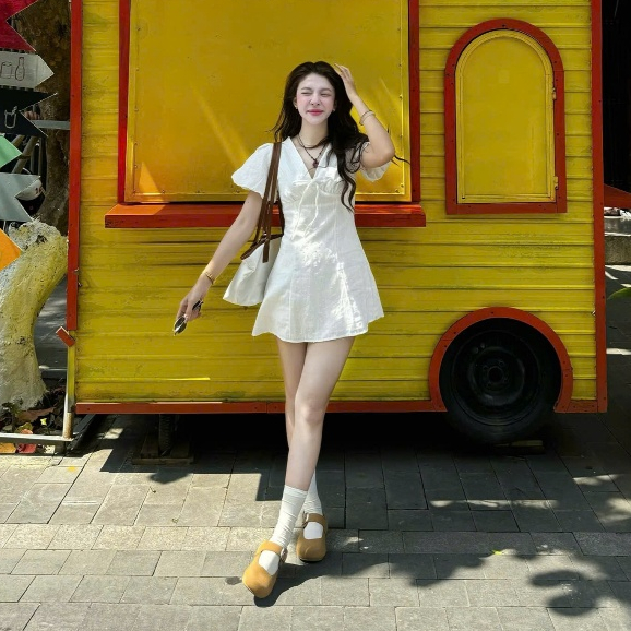 (กางเกงป้องกัน INCLUDED) CLARA DRESS เดรสลูกไม้ผูกโบว์แขนสั้น