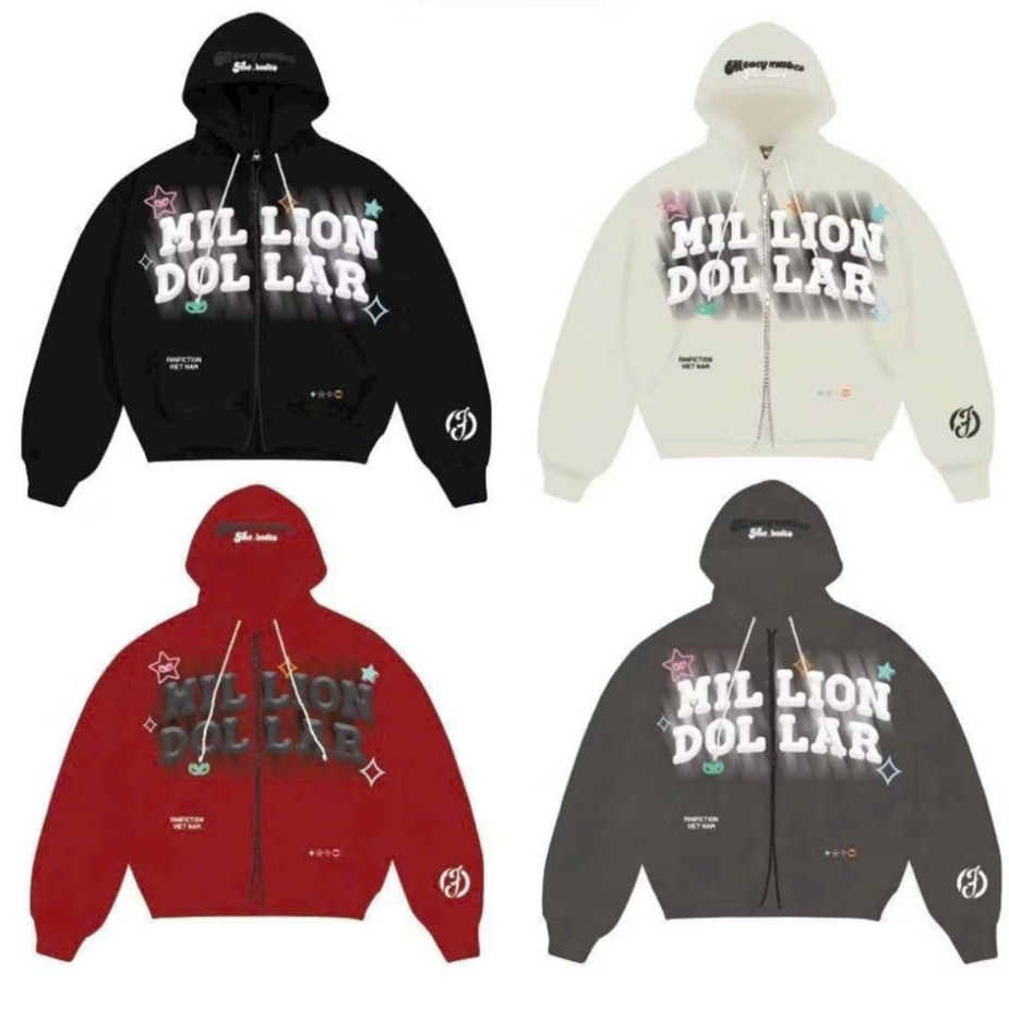 MILLION DOLLAR เสื้อฮู้ดพิมพ์ลายนูนสําหรับผู้ชายและผู้หญิงพร้อมซิป 2 ปลาย, เสื้อฮู้ดแขนยาวทรงกล่อง