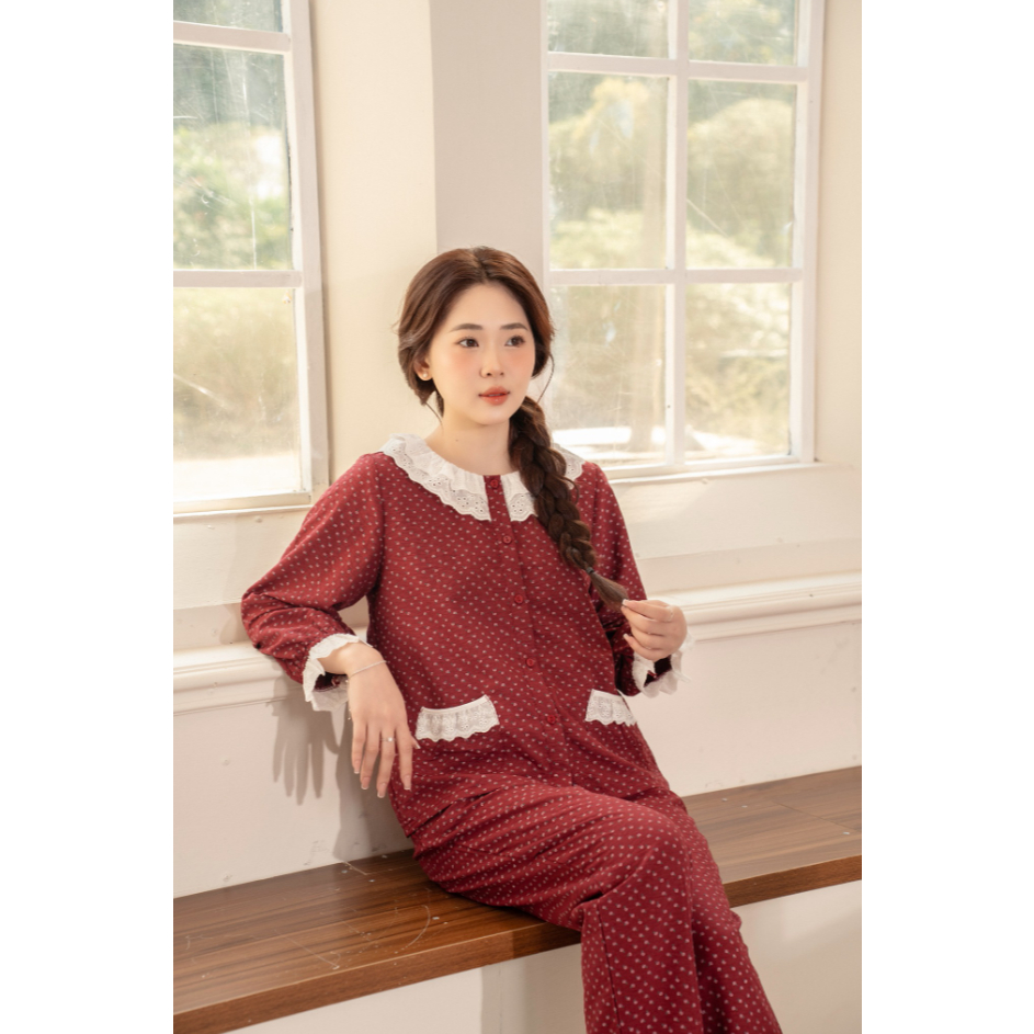 BAE MALI - ชุดเดรสบ้านลายดอกไม้คอปกลูกไม้ 2 ชั้น SP745