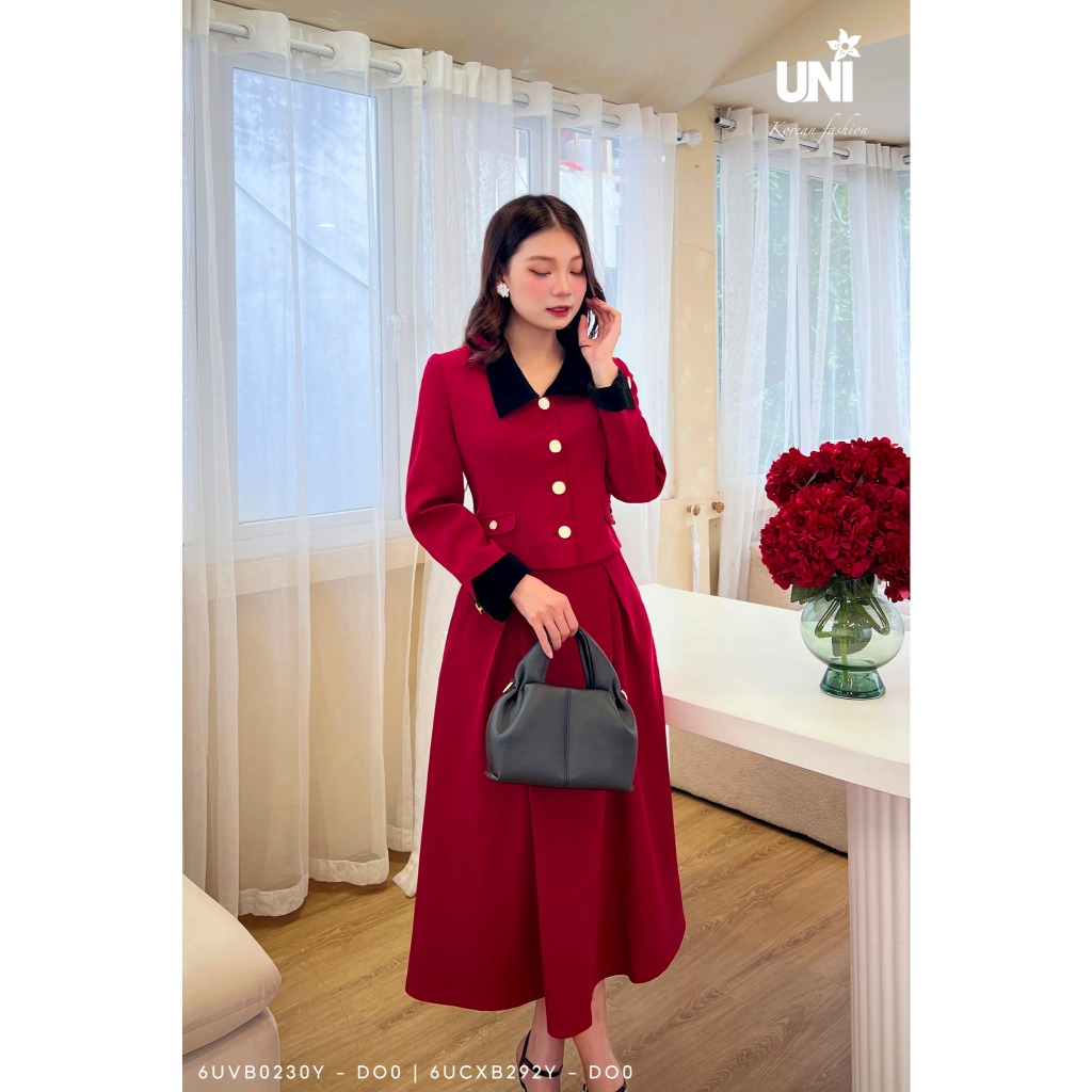 UNIVTH เสื้อกั๊กและกระโปรงบานชุดคอปกเยอรมัน Tweed หนังคุณภาพสูงสั้น 6UVB0230Y - 6UCXB292Y Uni แฟชั่น