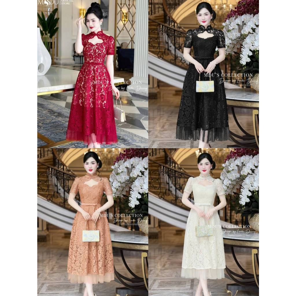 ชุดเดรสดีไซน์ Bst ทรงบานอ่อนโยนและคอปกมีสไตล์ลวดลายประณีตจาก Mdu MDU4517