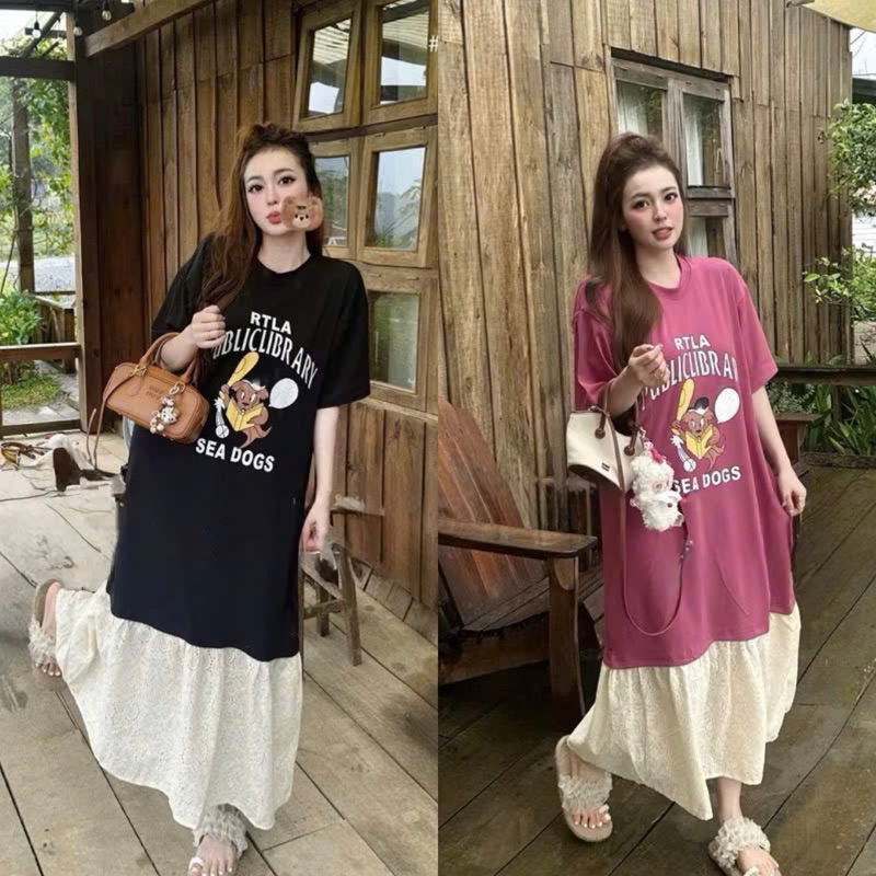 ชุดเดรสคลุมท้องดีไซน์ - เดรสคลุมท้องหางปลายาว อรี สุดน่ารักพร้อมระบายสยองในผ้าฝ้ายสวยๆ