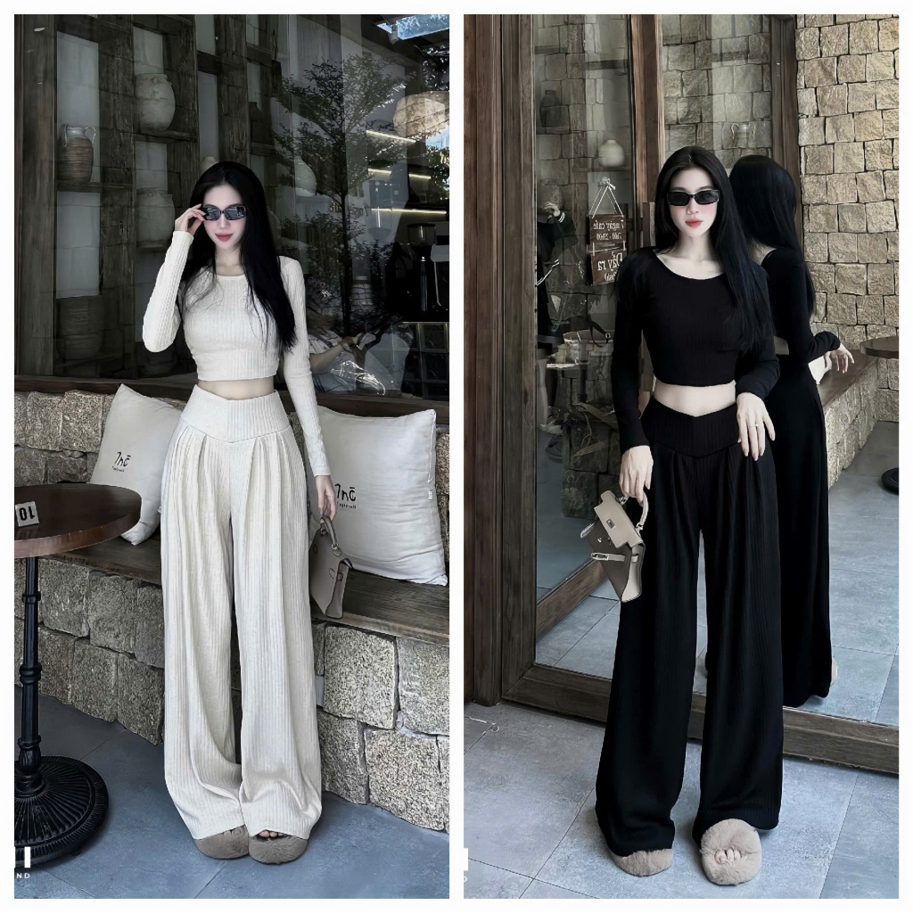 เซตดีไซน์พื้นฐาน 2 โทนสีแบนสุดสําหรับสาวสวยมาก เซ็ตเสื้อครอปแขนยาวสายไขว้หลังผสมกางเกงหลวม