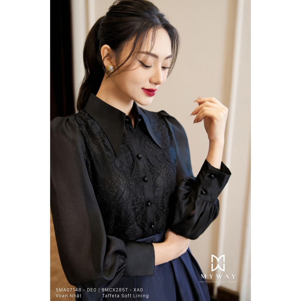 MY WAY เสื้อเชิ้ตผู้หญิงคอปกเยอรมันผ้าชีฟองลายคุณภาพสูงแขนยาว 5MA07148