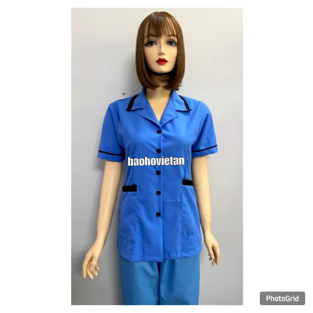 Blue Service Uniform Shirt with Black Trim - เสื้อพนักงานทําความสะอาดแขนสั้นผ้าเรียบลื่น ใส่แล้วเย็น